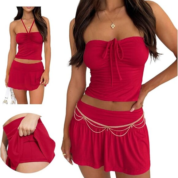 Red Y2K Off-Shoulder Two Piece Tube Top Mini Skirt Set – Strapless Crop & Skirt - Picture 2 of 6